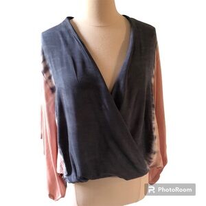 Mono B Boho,hippie Tie dye light pink & gray blue blouse flare sleeves size S/M